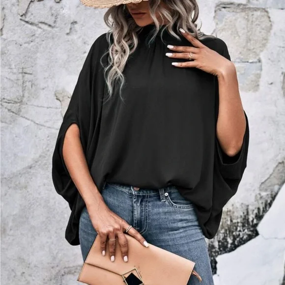 Boho Batwing Sleeve Mock Neck Tie Back Top Blouse Shirt - Picture 5 of 6